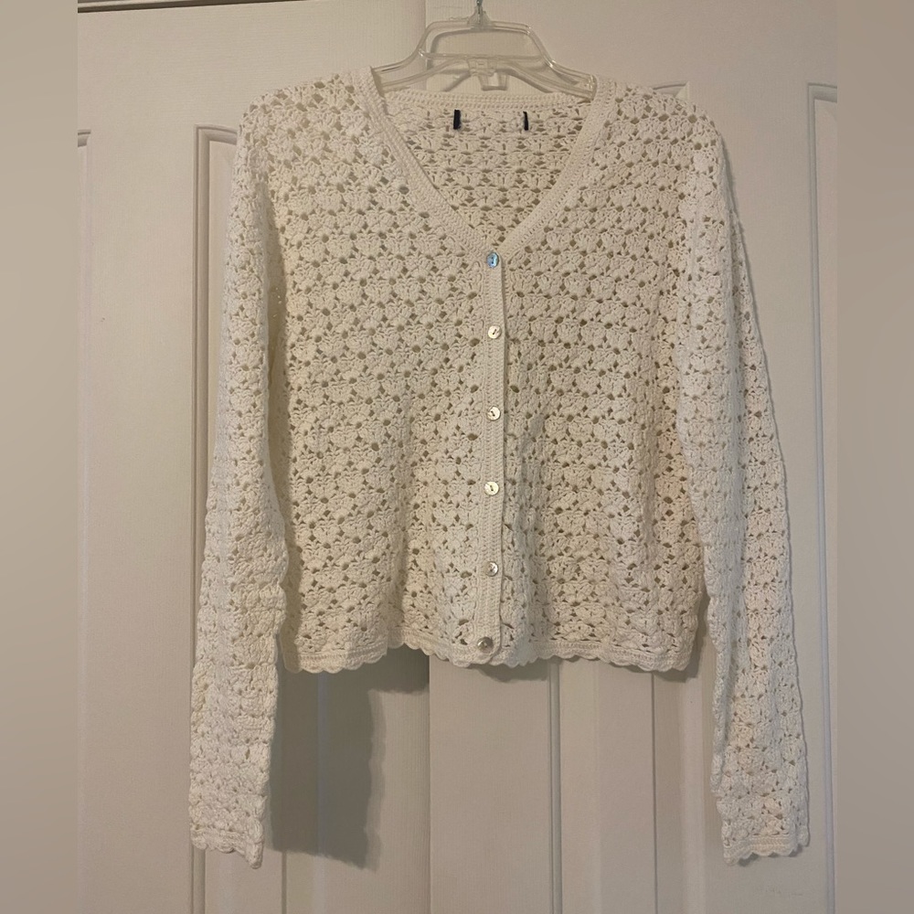 Vintage Crochet Knit Cream Off White Cardigan Sz Med/ Lg